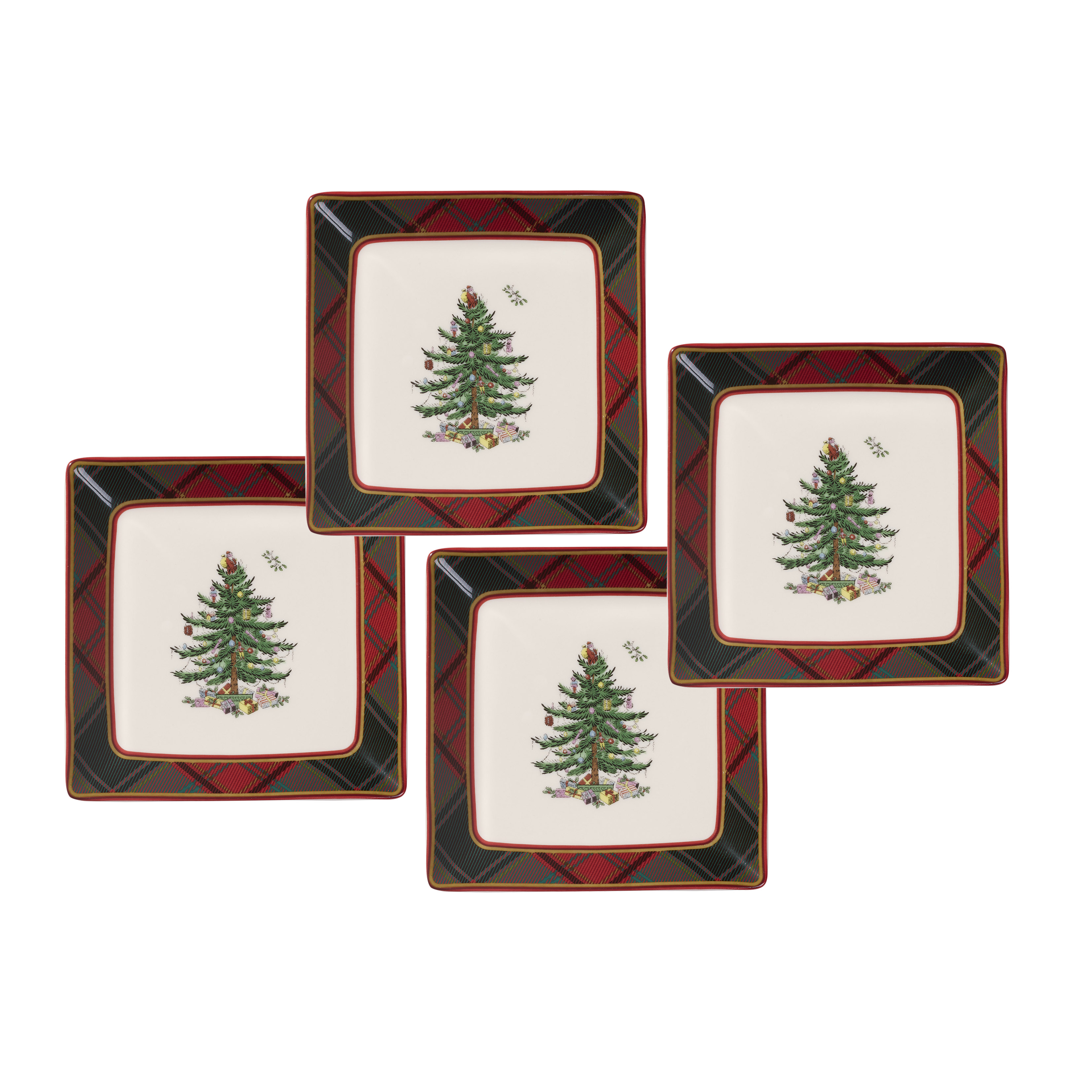 Christmas Tree Tartan 5 Inch Square Tidbit Plates Set of 4 image number null